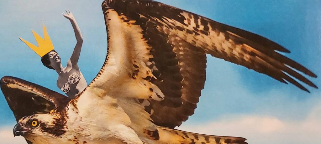 W woman with a crown rides on the back of a bird of prey